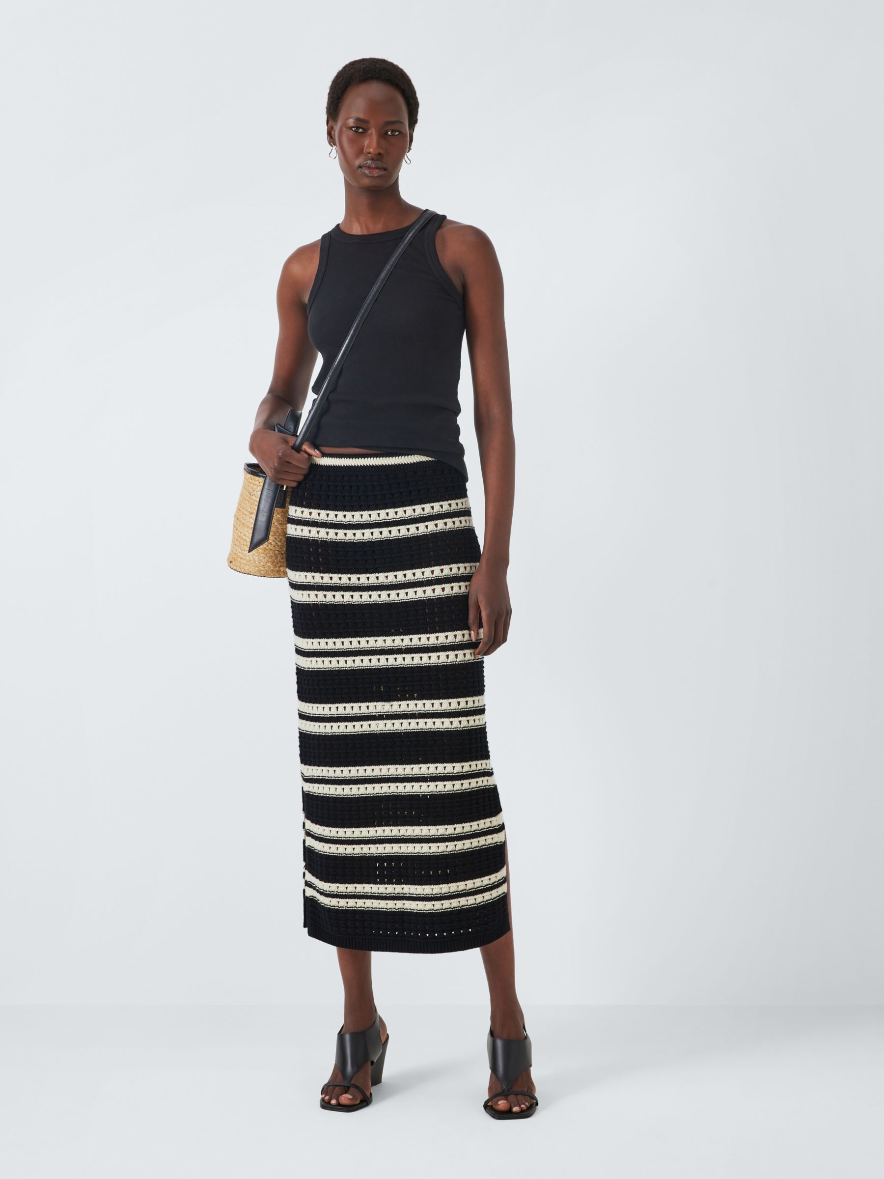 John Lewis Knitted Stripe Pointelle Skirt, Black/Multi, 10