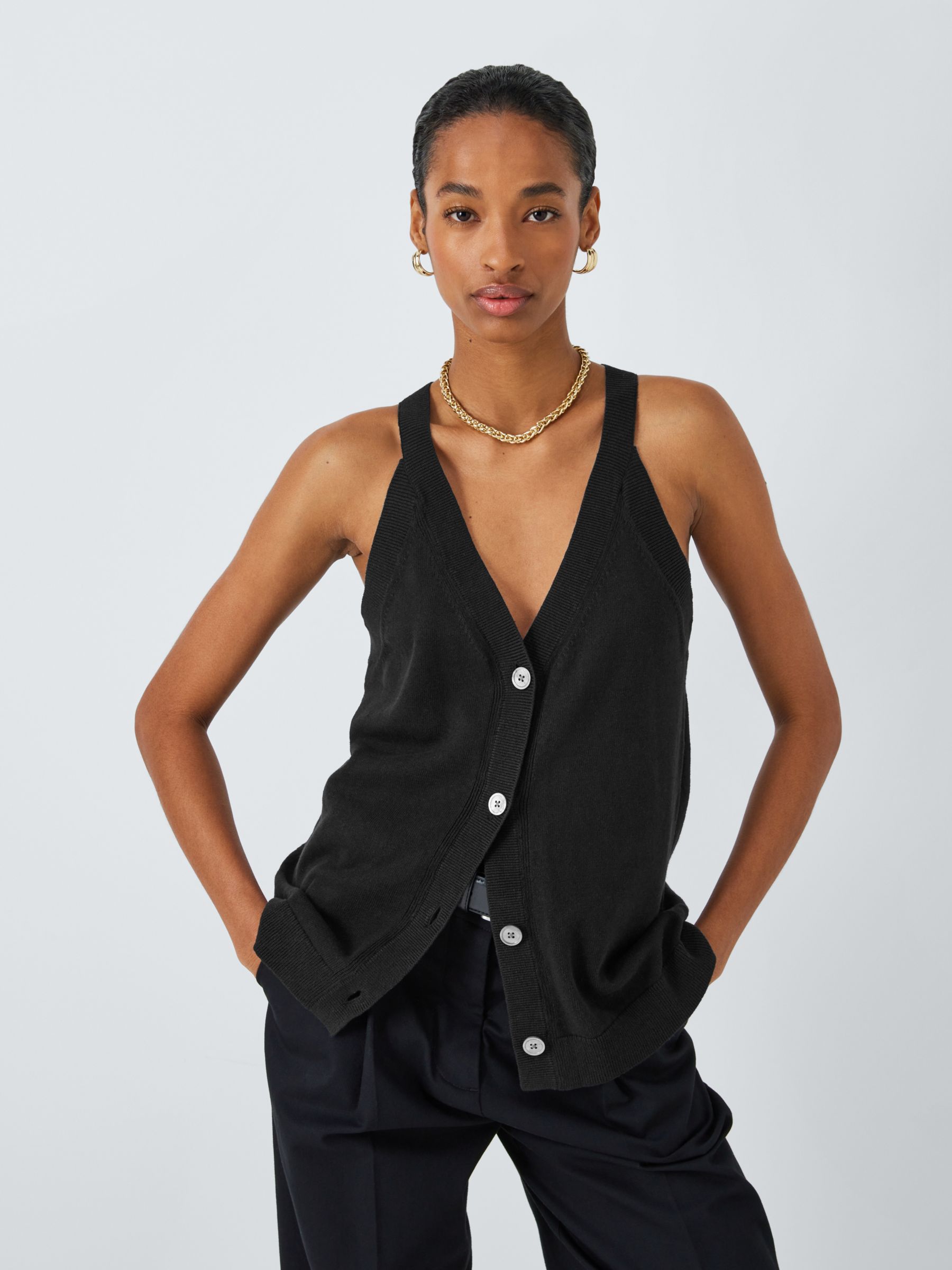 John Lewis Linen Blend Waistcoat Vest Top, Black, XS