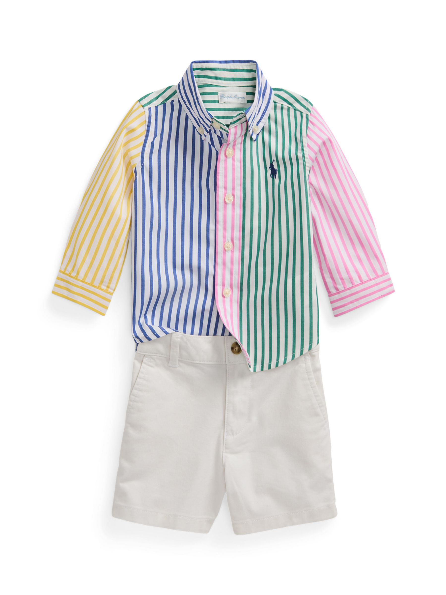Ralph Lauren Baby Long Sleeve Stripe Shirt & Chino Shorts Set, Deckwash White/Multi, 9 months