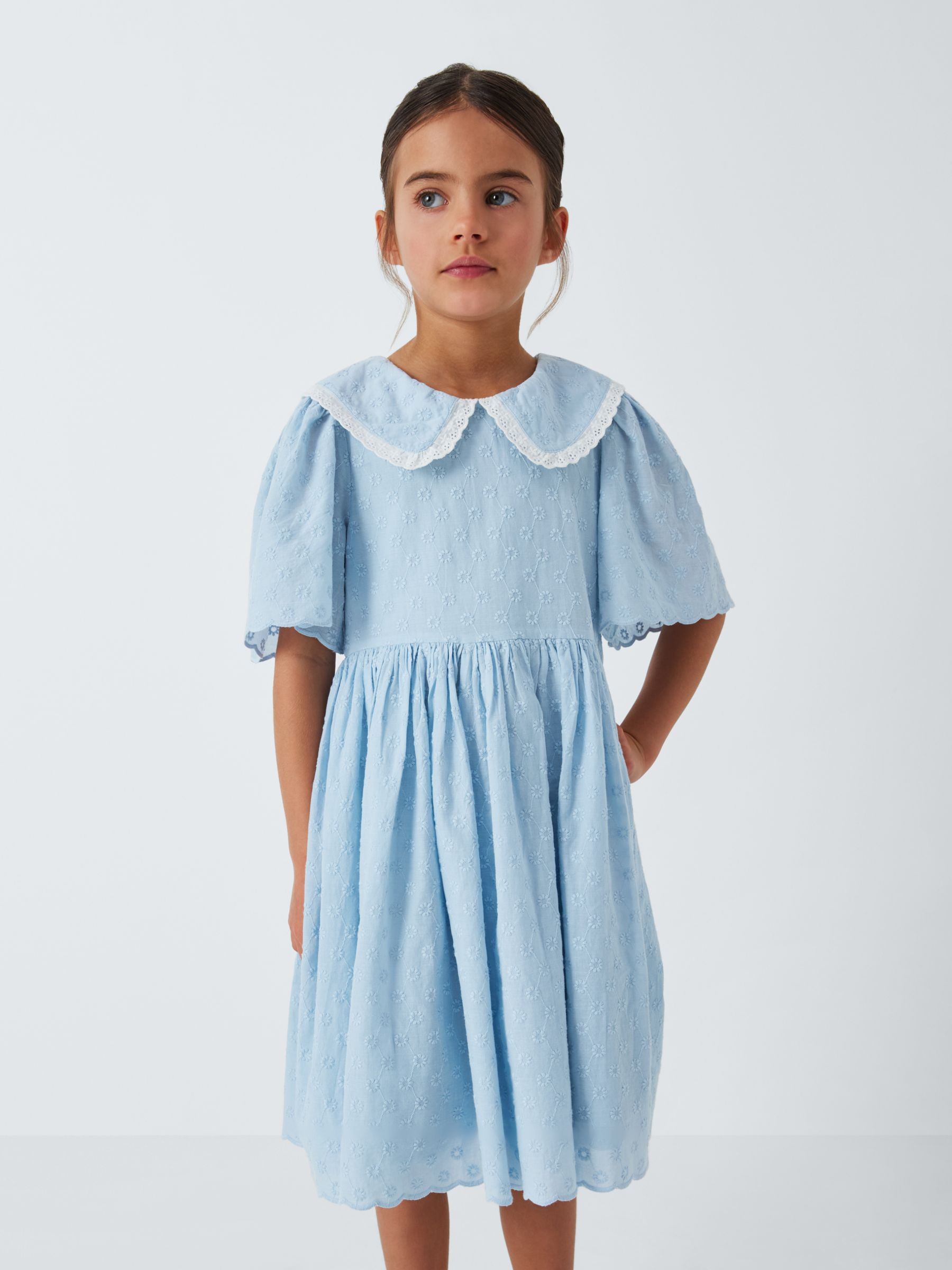 John Lewis Heirloom Collection Embroidered Oversized Collar Dress, Blue, 7 years