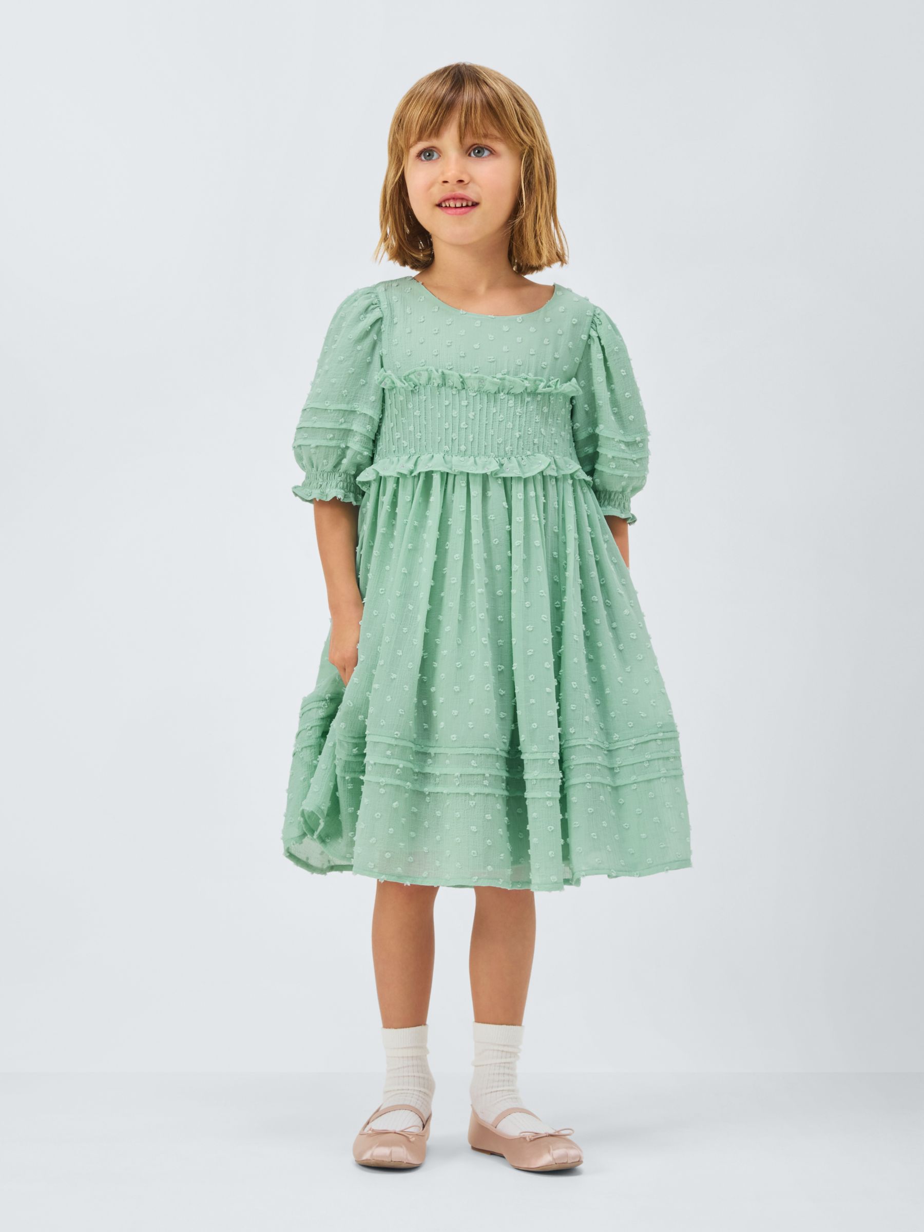 John Lewis Heirloom Collection Kids' Chiffon Dobby Dress, Green, 8 years
