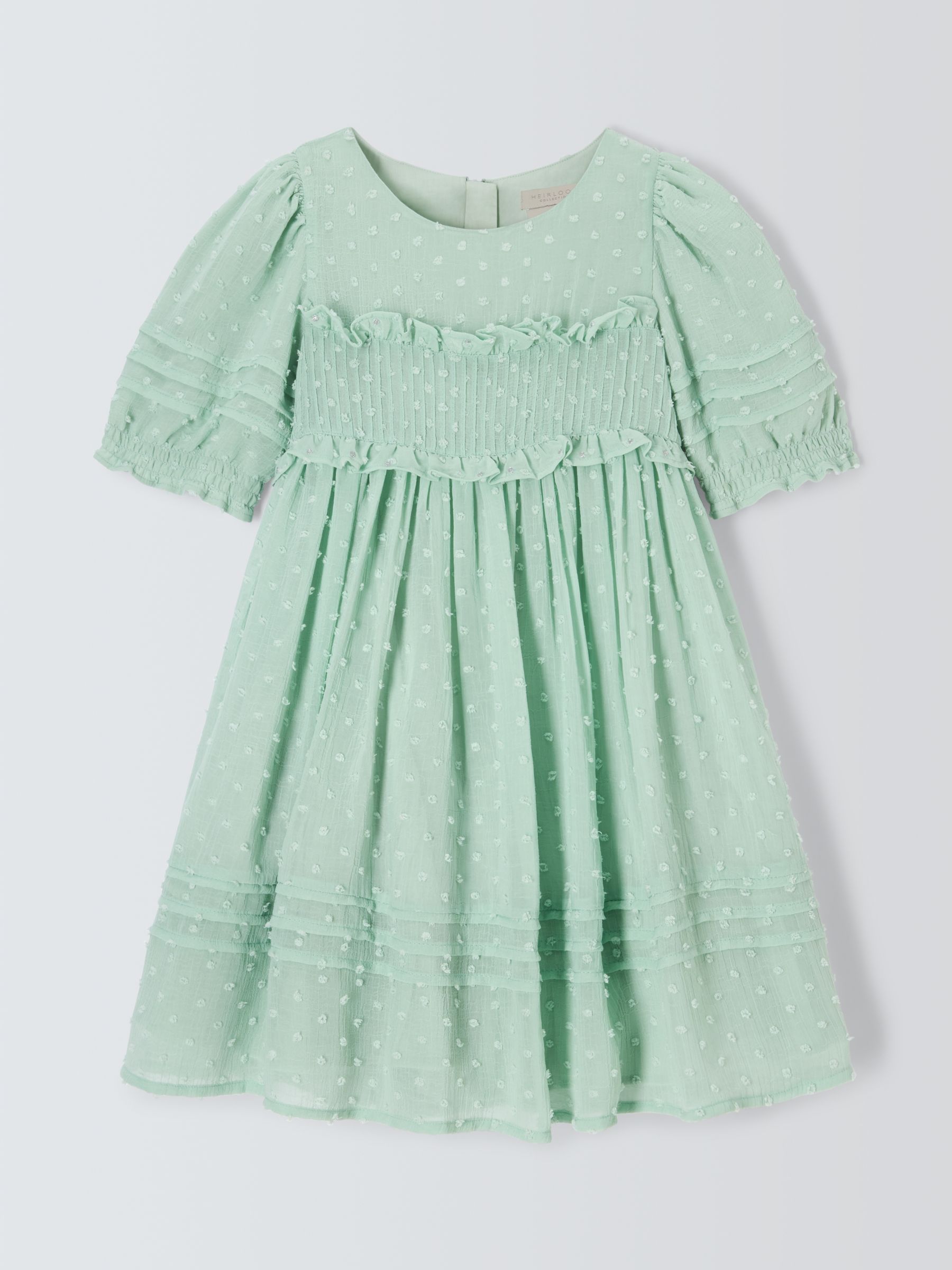 John Lewis Heirloom Collection Kids' Chiffon Dobby Dress, Green, 8 years