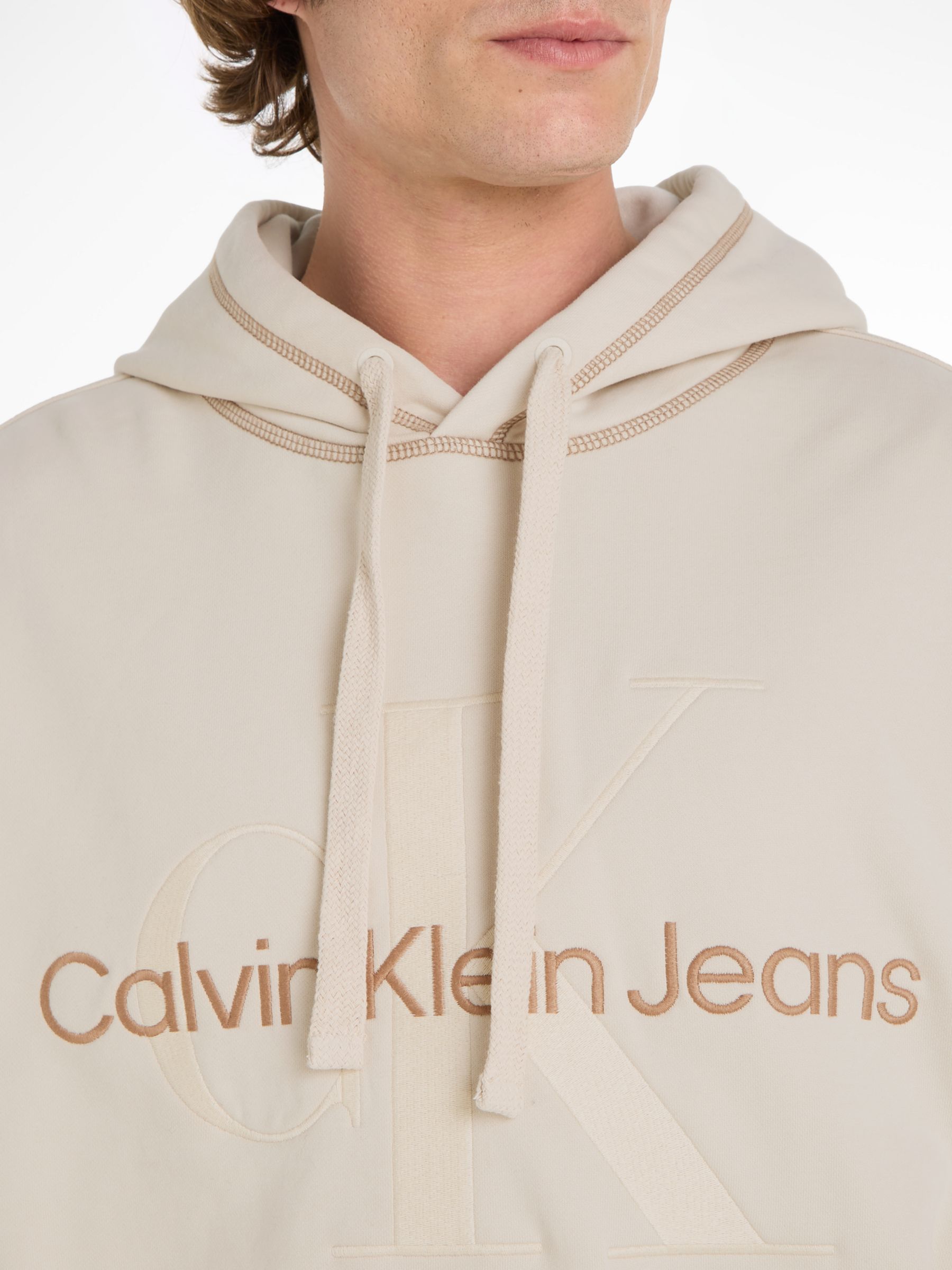 Calvin Klein Jeans Wash Monologo Hoodie, Ivory, L