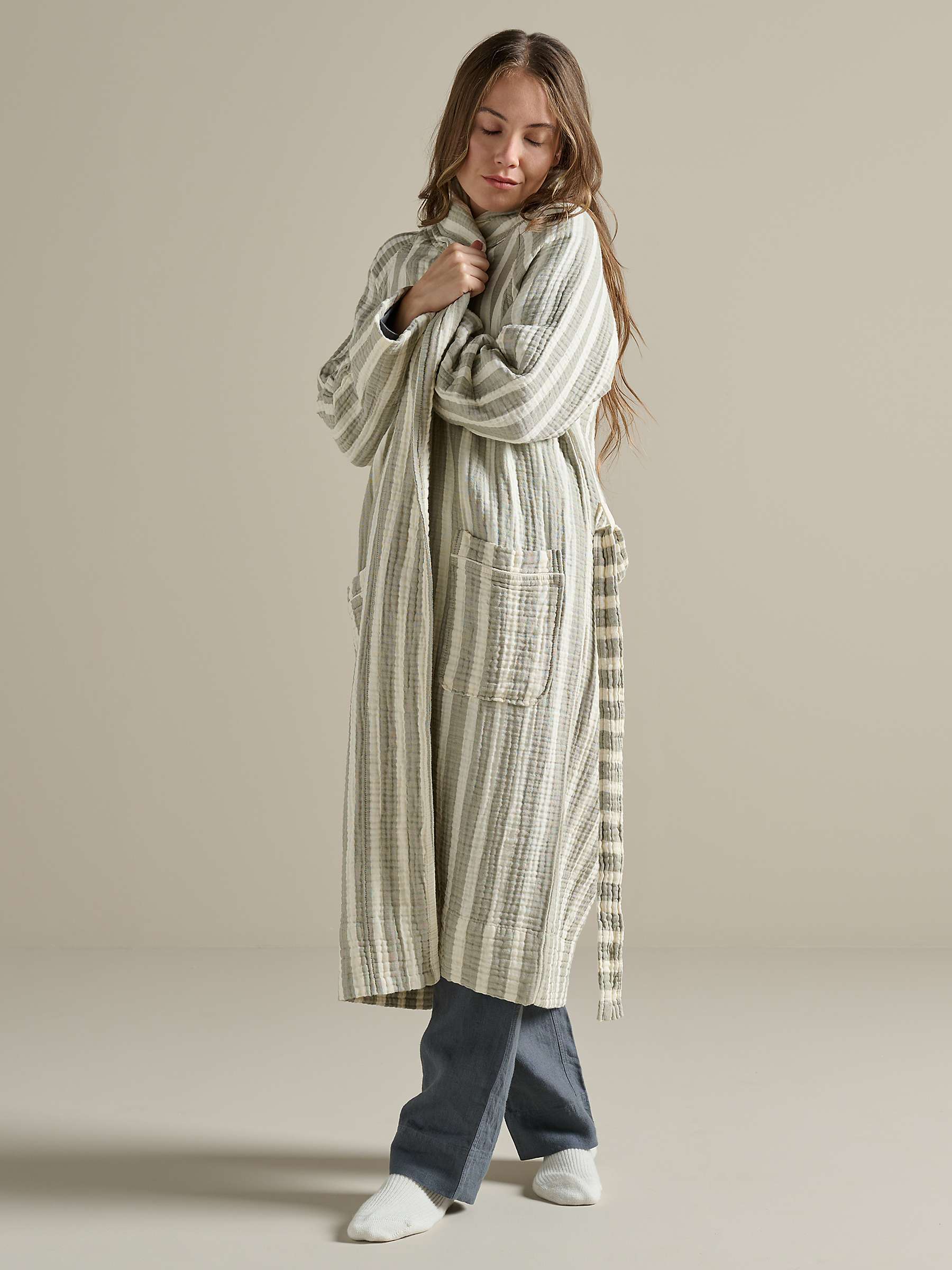 Buy Bedfolk Dream Stripe Cotton Dressing Gown, Sage Online at johnlewis.com