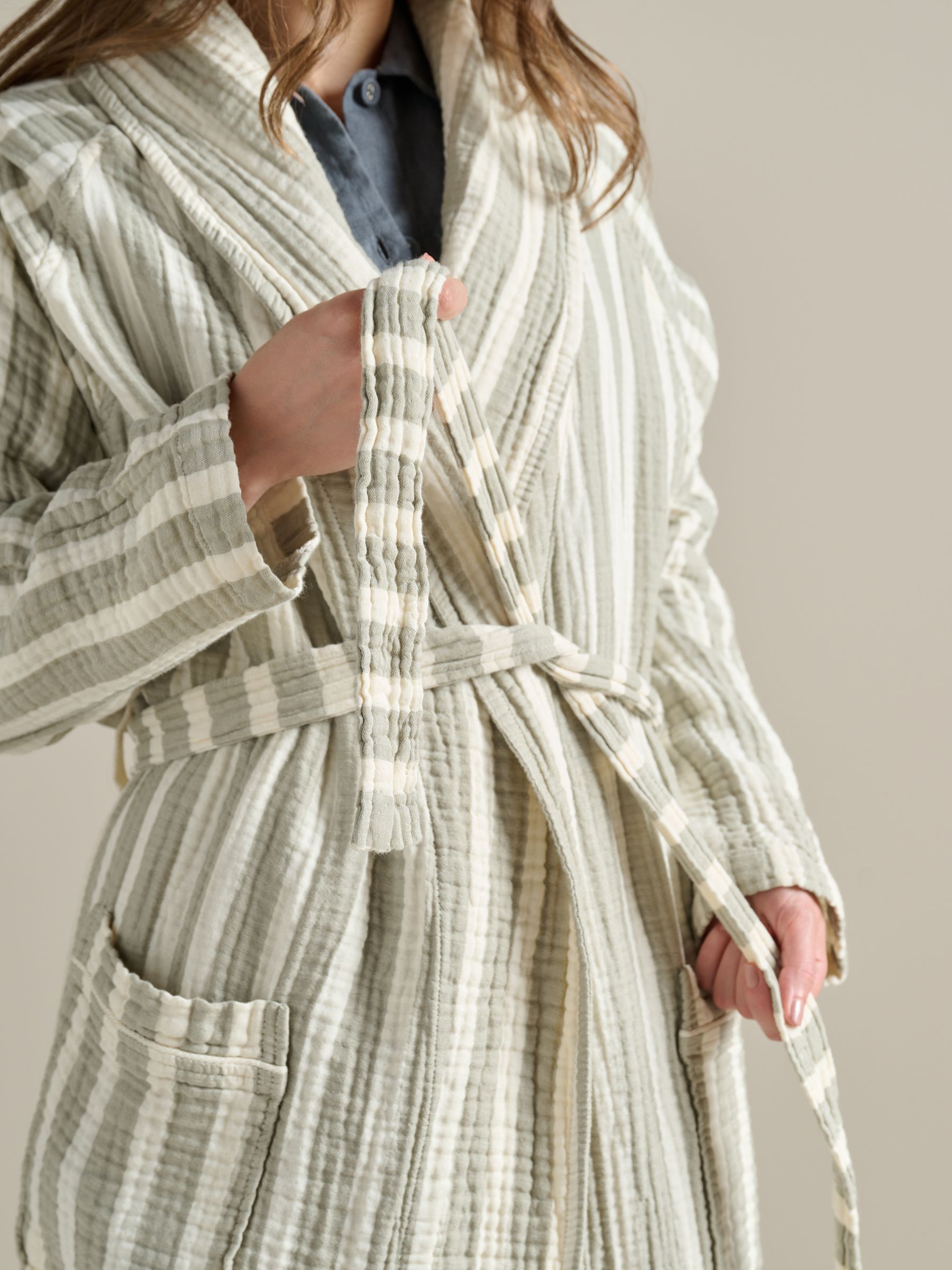 Bedfolk Dream Stripe Cotton Dressing Gown, Sage, XXL