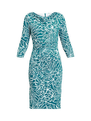 Gina Bacconi Adeline Printed Jersey Cowl Neck Dress, Teal/White