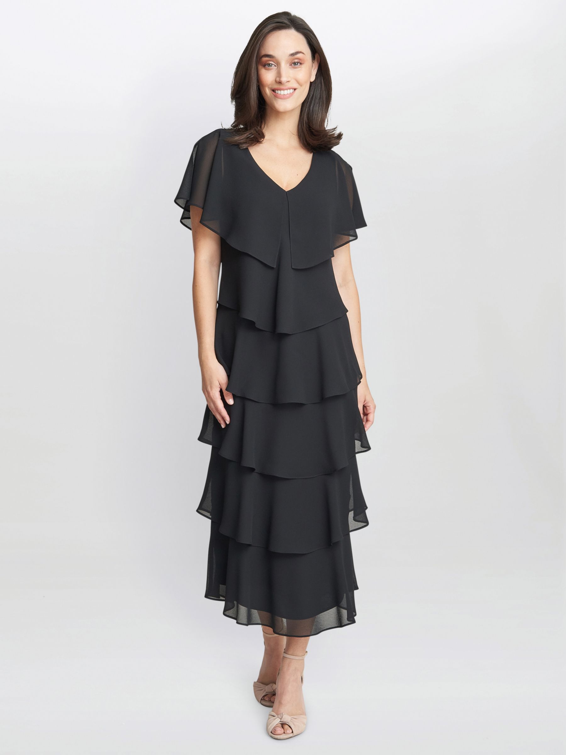 Gina Bacconi Rebecca Tiered Midi Dress, Black at John Lewis & Partners