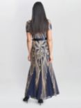 Gina Bacconi Amelia Sweetheart Neck Embroidered Maxi Dress, Navy/Gold, Navy/Gold