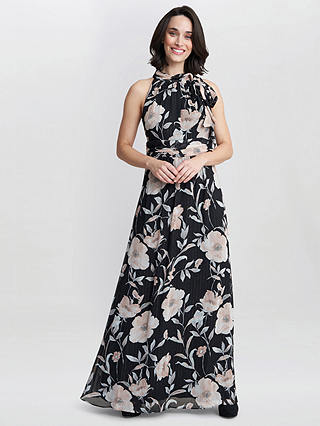 Gina Bacconi Lexi Floral Print Tie Neck Maxi Dress, Black/Multi