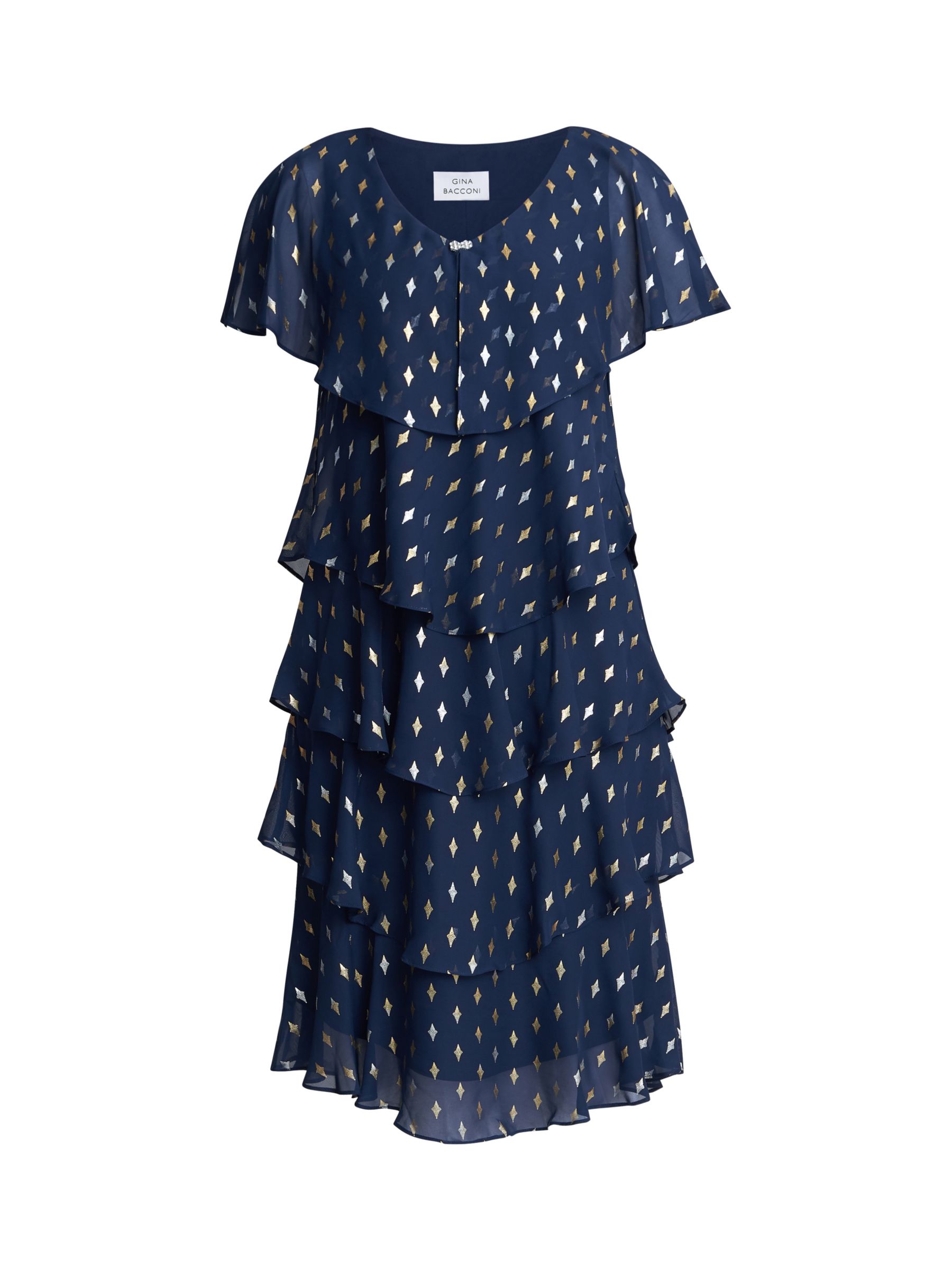Buy Gina Bacconi Sybil Foil Print Tiered Dress, Navy/Gold Online at johnlewis.com