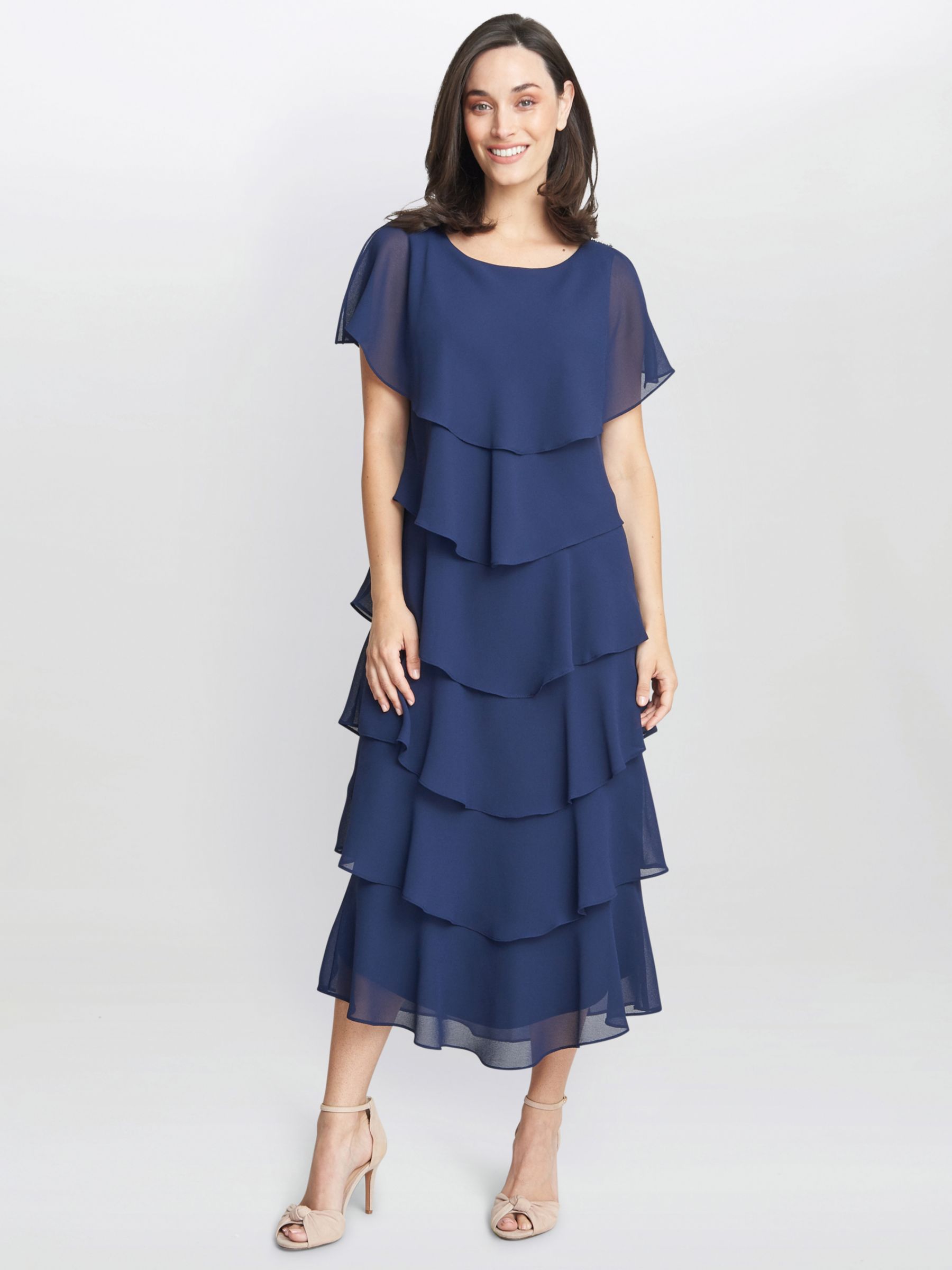 Gina Bacconi Tessa Tiered Midi Dress, Navy at John Lewis & Partners