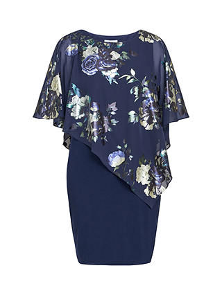 Gina Bacconi Gaby Floral Print Asymmetric Cape Dress, Navy/Multi