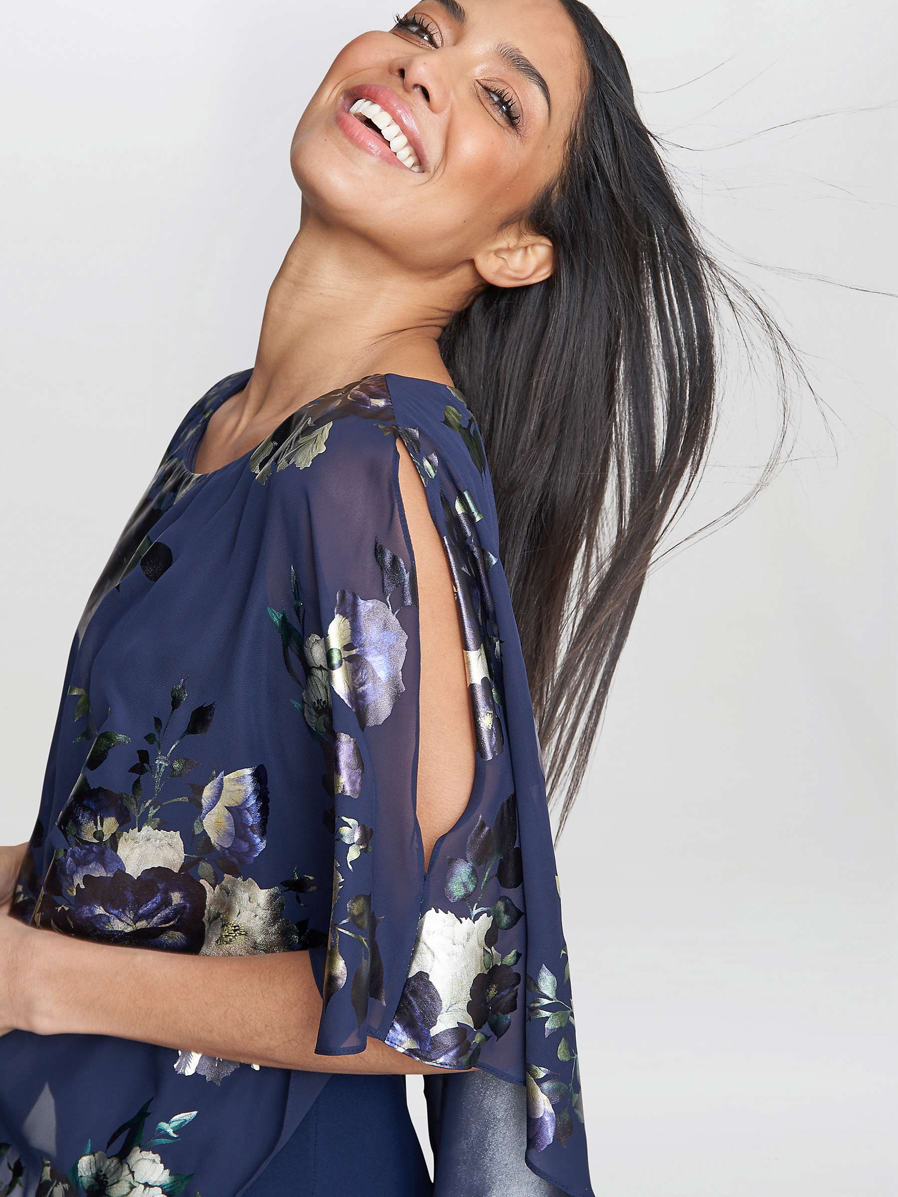 Buy Gina Bacconi Gaby Floral Print Asymmetric Cape Dress, Navy/Multi Online at johnlewis.com