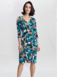 Gina Bacconi Beatrix Printed Jersey Ruffle Dress, Turquoise/Beige