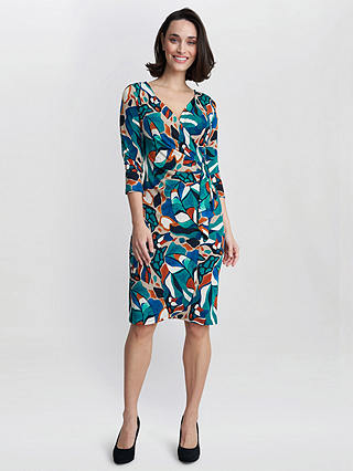 Gina Bacconi Beatrix Printed Jersey Ruffle Dress, Turquoise/Beige