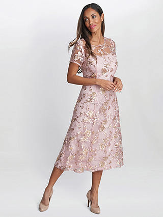 Gina Bacconi Davina Embroidered Floral Sequin Dress, Blush