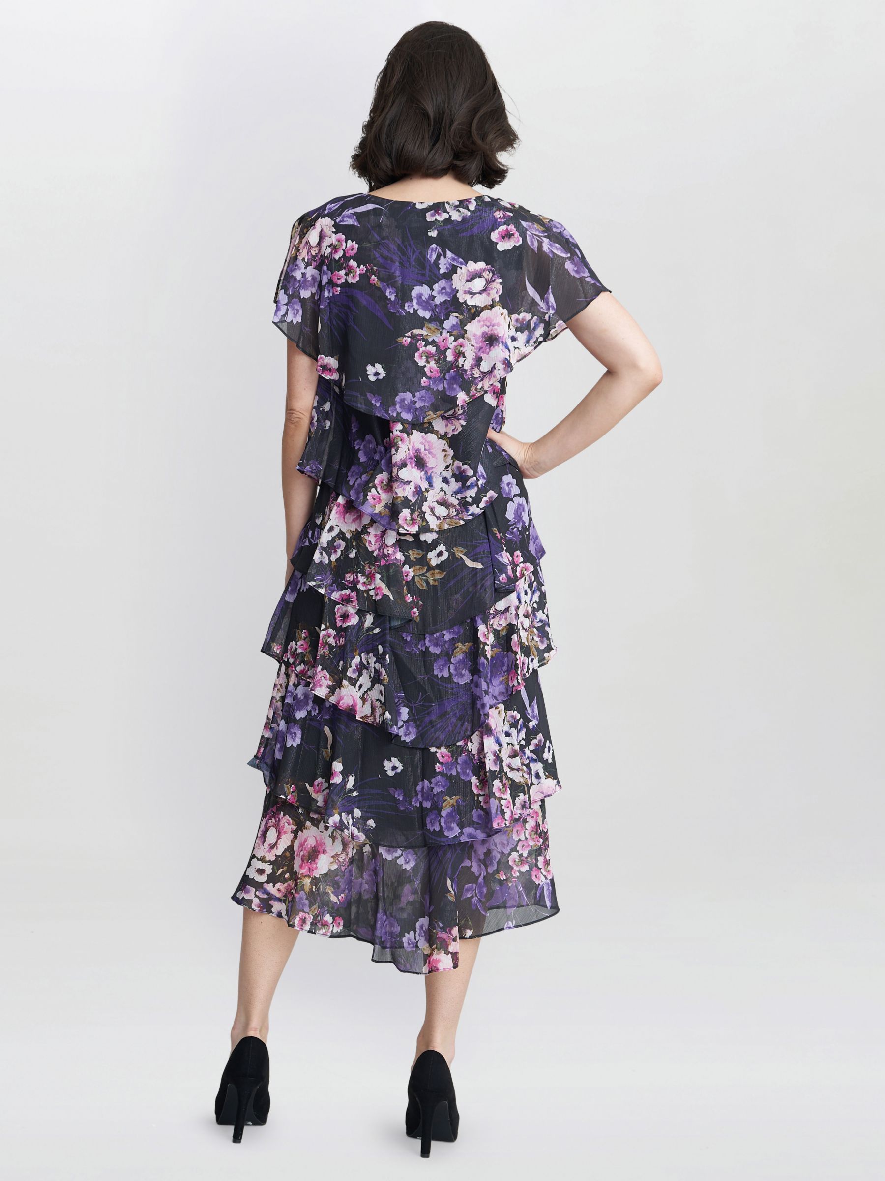 Gina Bacconi Leticia Floral Print Midi Tiered Dress, Black/Multi, 10
