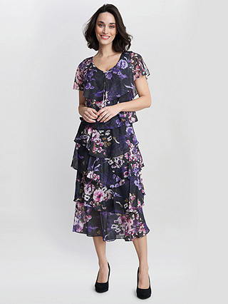 Gina Bacconi Leticia Floral Print Midi Tiered Dress, Black/Multi