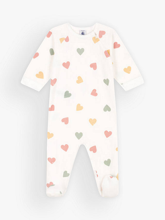 Petit Bateau Baby Heart Velour Sleepsuit, Marshmallow/Multi, Marshmallow/Multi