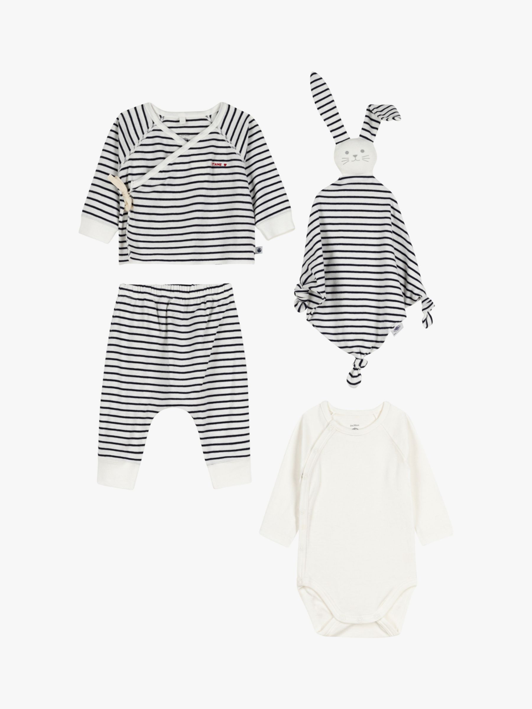 Petit Bateau Baby Breton Stripe 3 Piece Outfit & Comforter Gift Set, Smoke, 12 months
