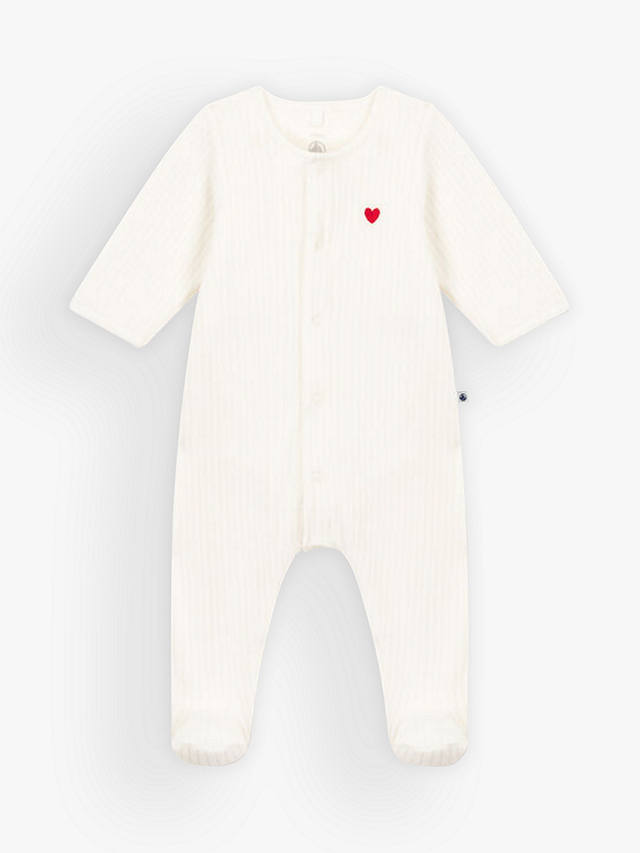 Petit Bateau Baby Cotton Velour Heart Motif Sleepsuit, Marshmallow