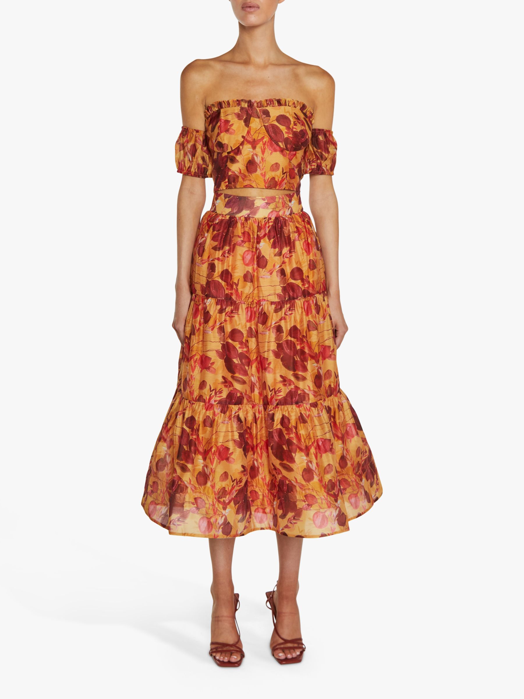 True Decadence Phoebe Golden Leaf Print Tiered Midi Skirt, Multi