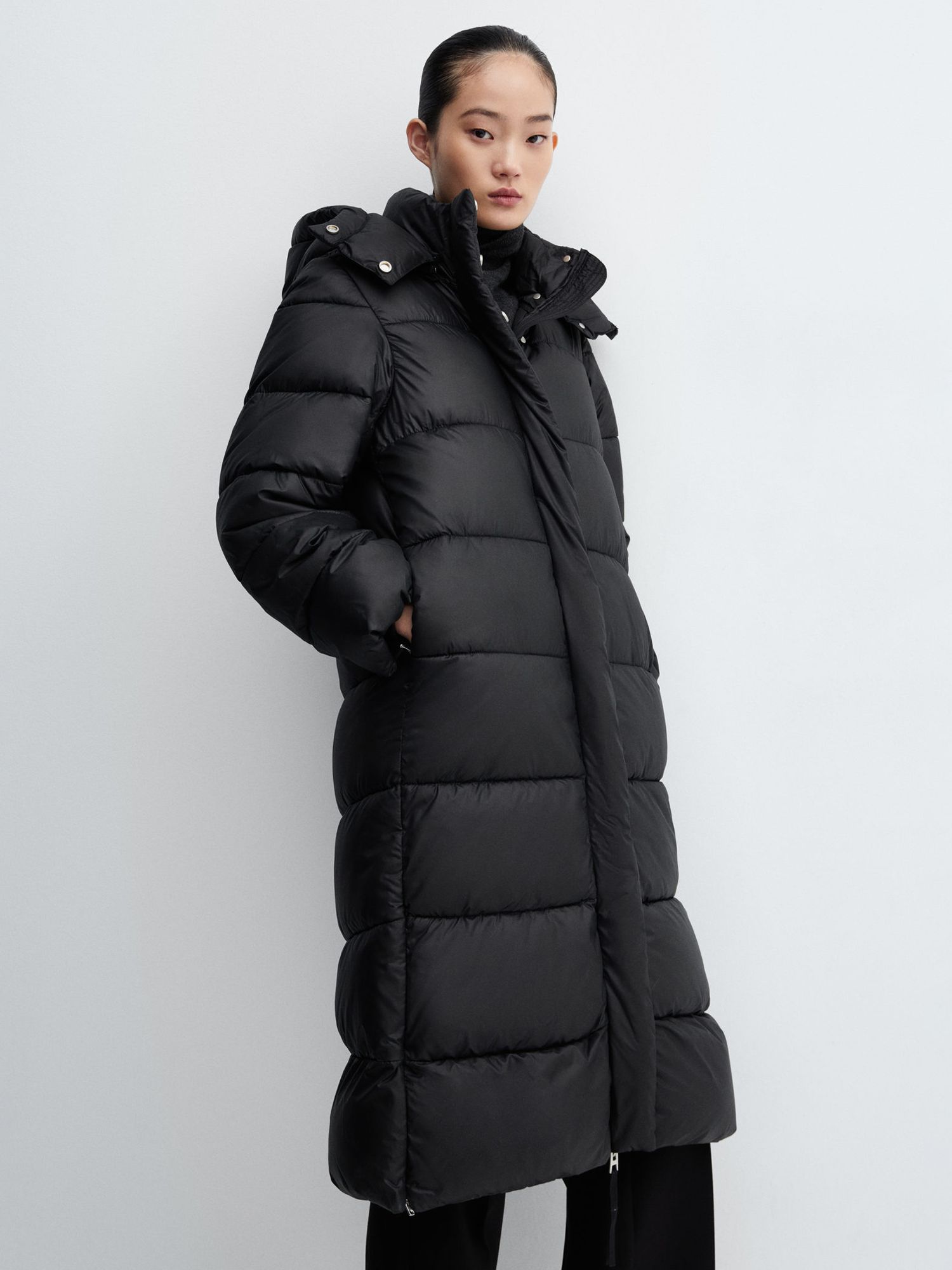 Mango Bambu Hooded Water-Repellent Long Quilted Jacket, Black at John ...