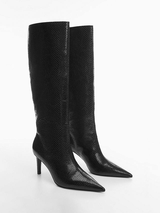 Mango Amalia Snakeskin Pointed Boots, Black