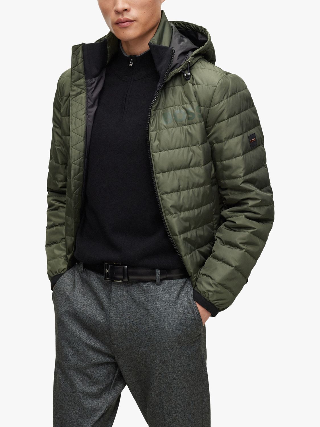 BOSS Dawood Hooded Quilted Jacket, Open Green
