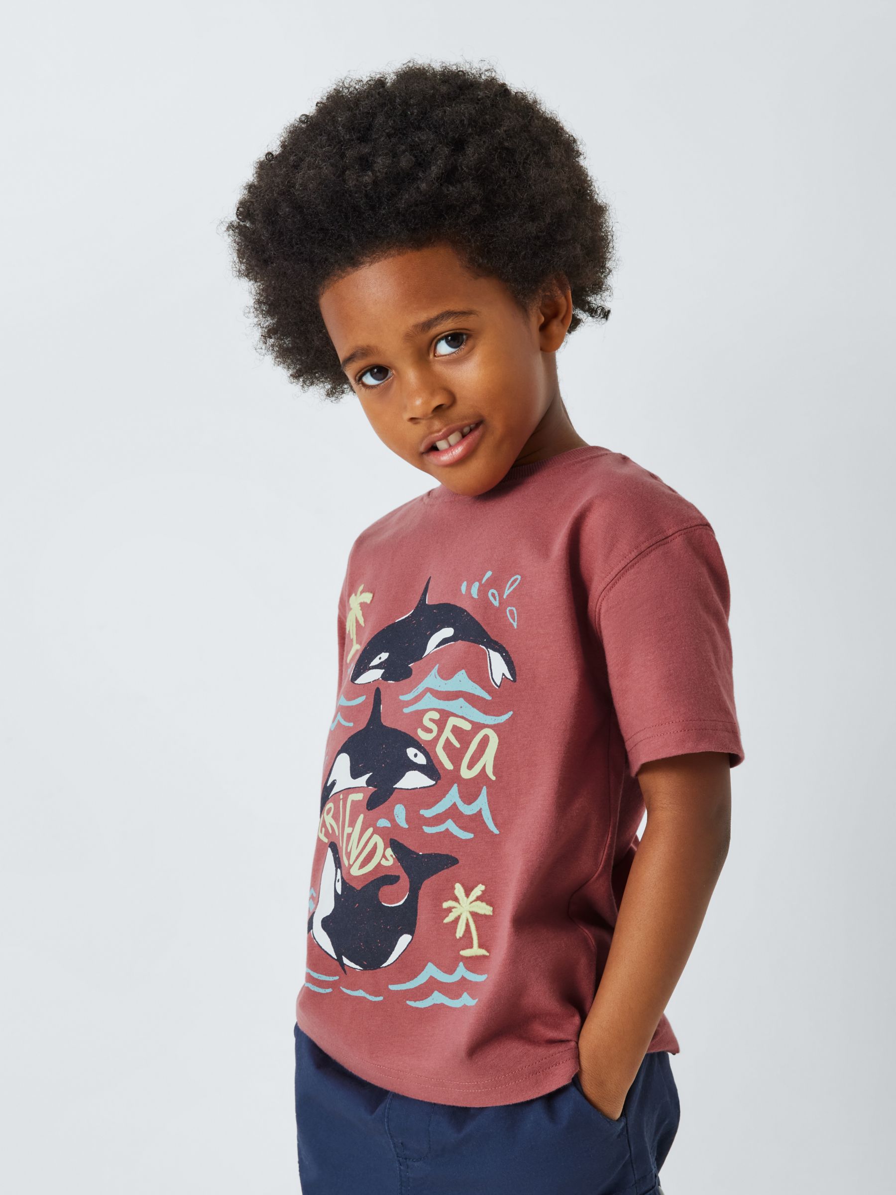 John Lewis Kids' Orca Sea Friends Graphic Print T-Shirt, Red, 9 years