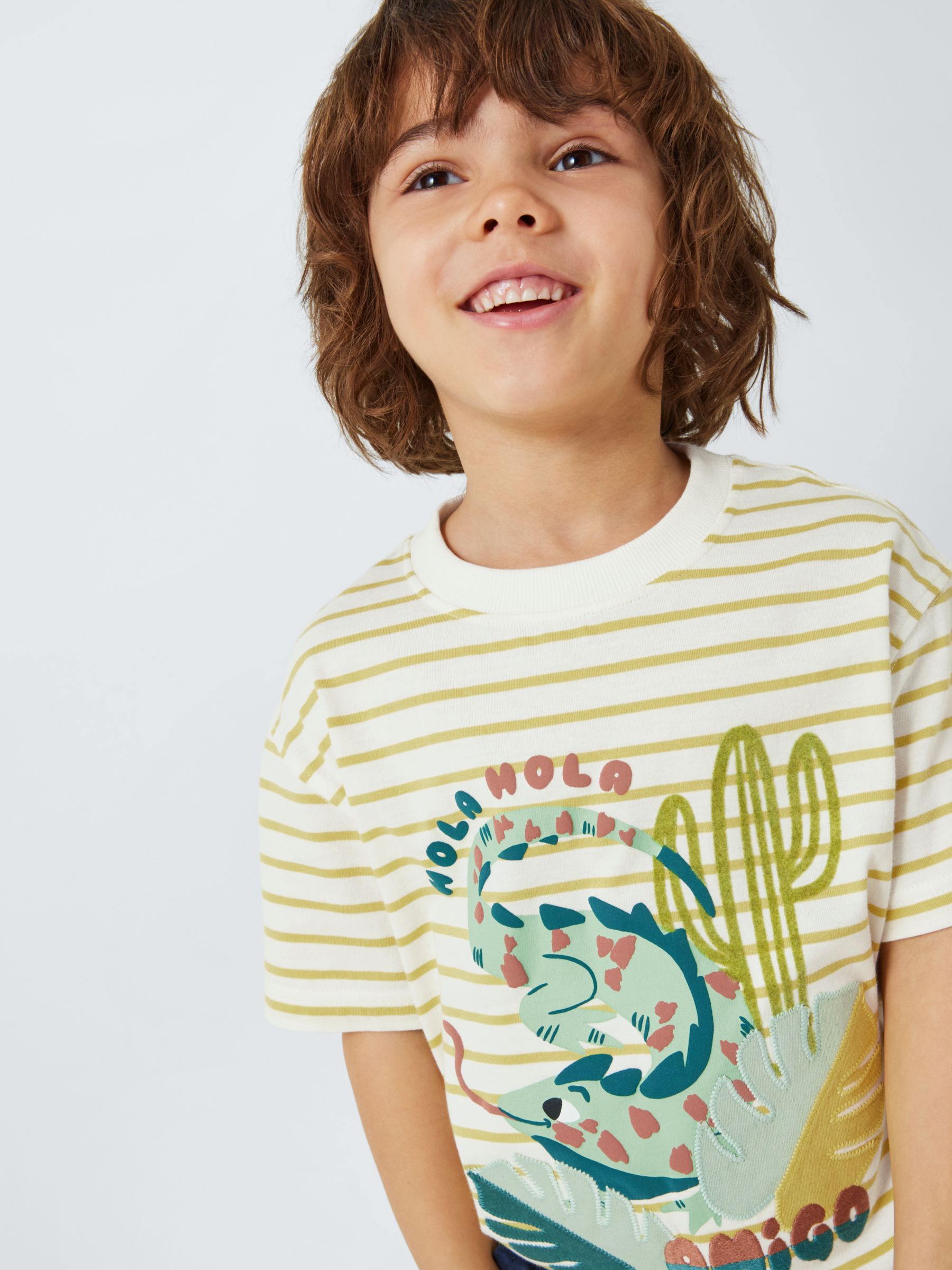 John Lewis Kids' Stripe Iguana Graphic T-Shirt, Yellow, 3 years