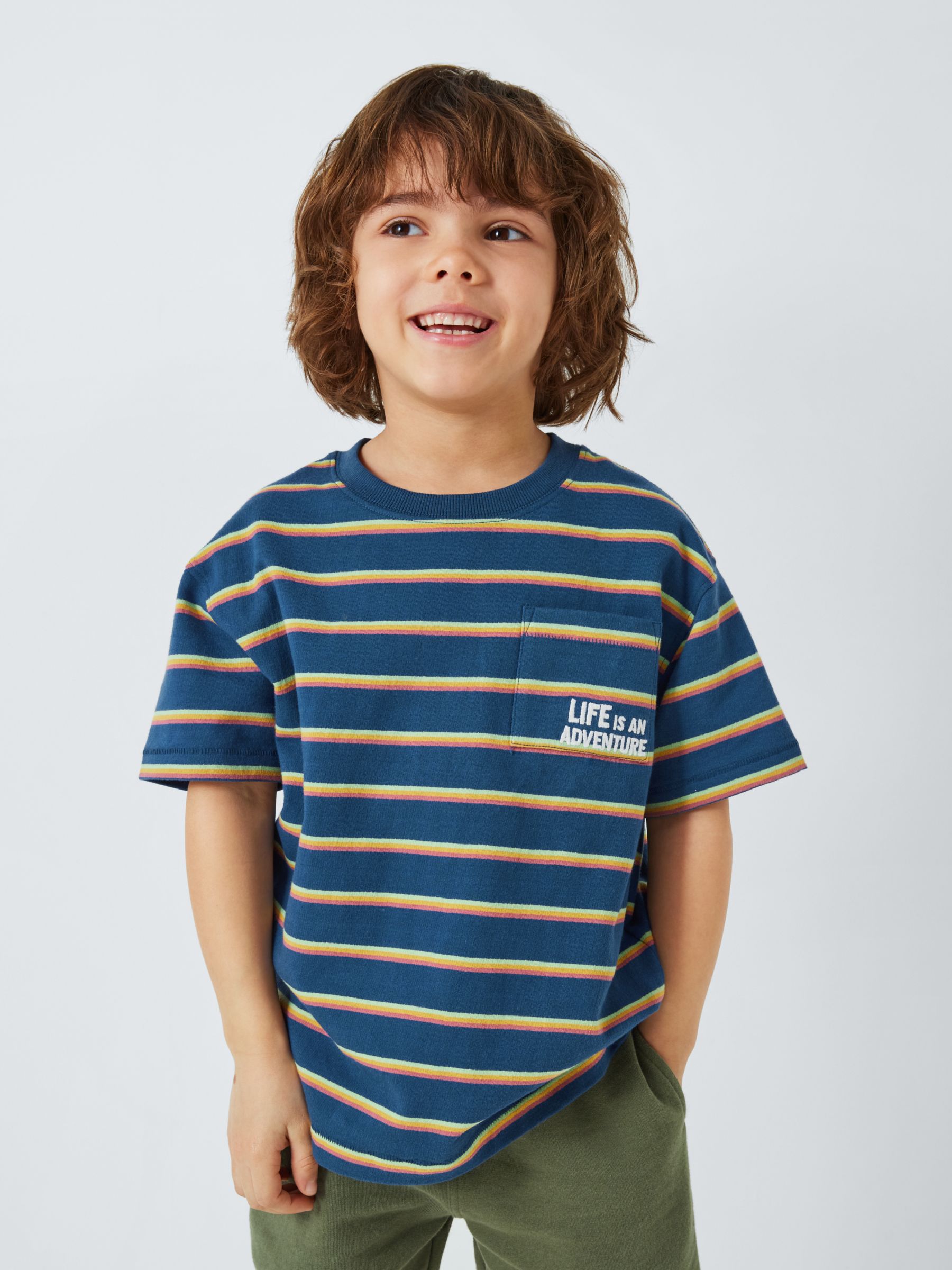John Lewis Kids' Embroidered Graphic Life Is An Adventure Stripe T-Shirt, Blue, 10 years