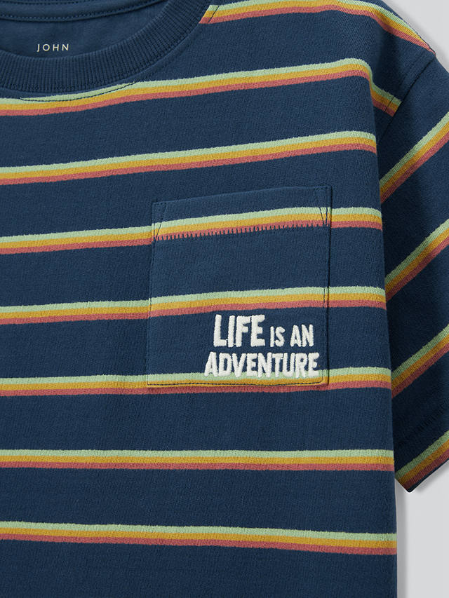 John Lewis Kids' Embroidered Graphic Life Is An Adventure Stripe T-Shirt, Blue