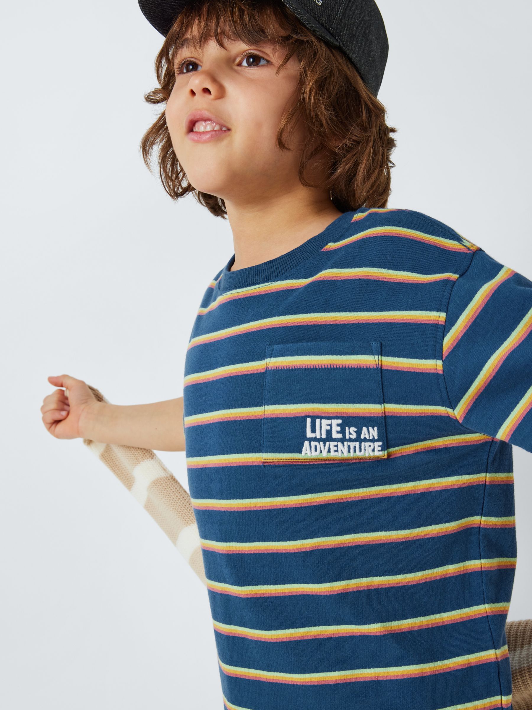 John Lewis Kids' Embroidered Graphic Life Is An Adventure Stripe T-Shirt, Blue, 10 years