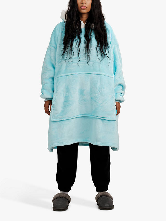 Ony Unisex Faux Fur Collar Sherpa Lined Fleece Hoodie Blanket, Blue/White