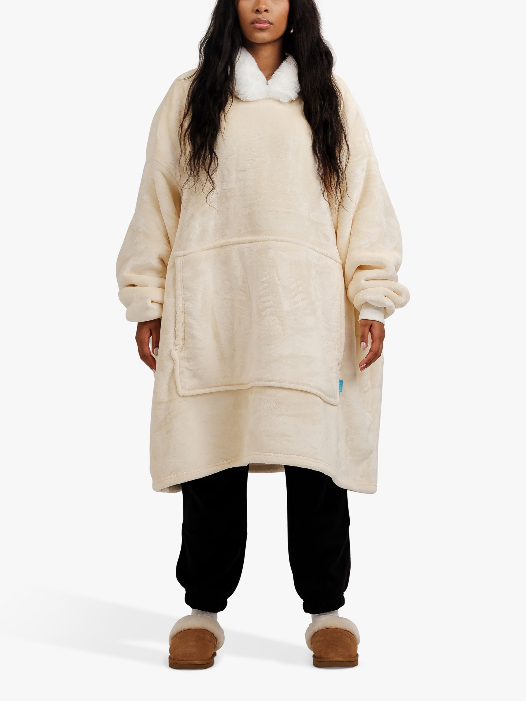Ony Unisex Faux Fur Collar Sherpa Lined Fleece Hoodie Blanket, Cream/White, One Size