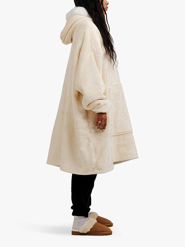 Ony Unisex Faux Fur Collar Sherpa Lined Fleece Hoodie Blanket, Cream/White