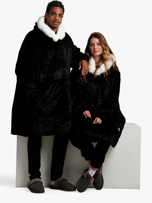 Ony Unisex Faux Fur Collar Sherpa Lined Fleece Hoodie Blanket, Black/White