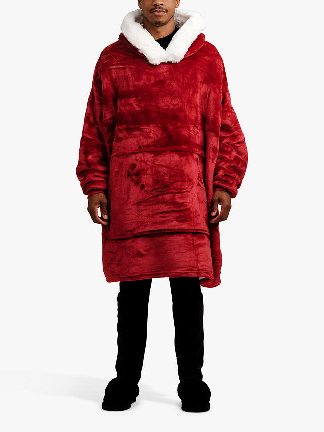 Ony Unisex Faux Fur Collar Sherpa Lined Fleece Hoodie Blanket, Red/White