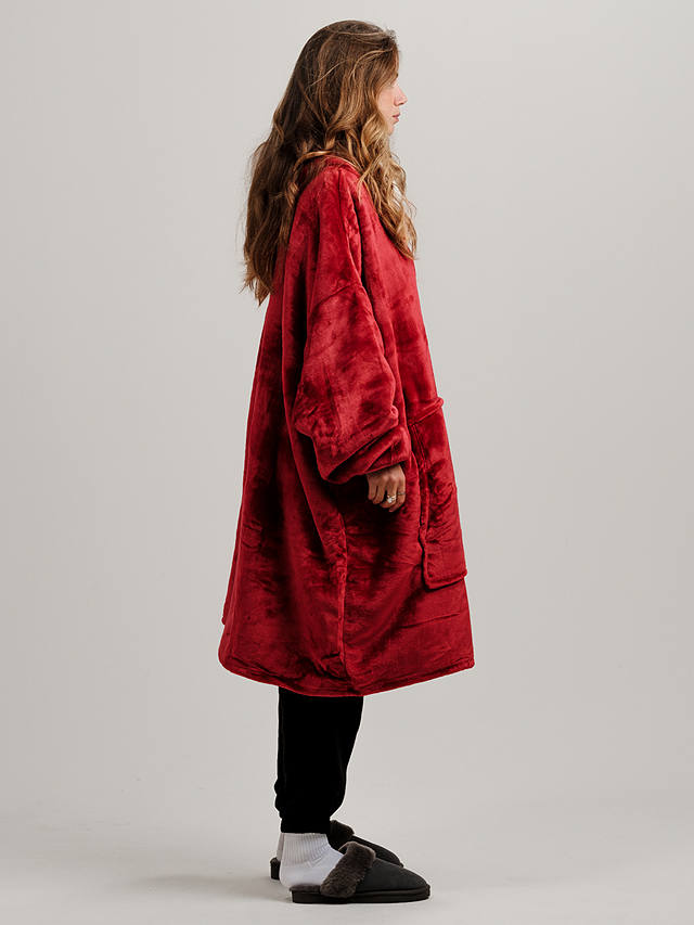 Ony Unisex Faux Fur Collar Sherpa Lined Fleece Hoodie Blanket, Red/White