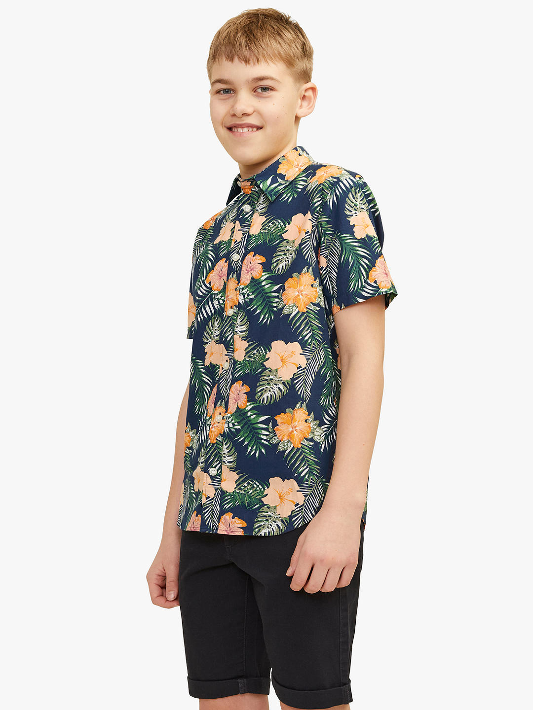 Jack & Jones Kids' Chill Floral Print Short Sleeve Shirt, Navy