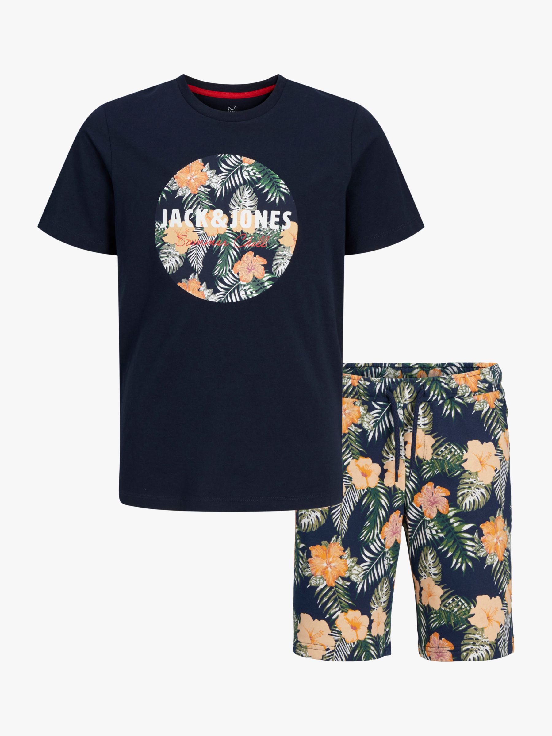 Jack & Jones Kids' Chill Shape Logo Floral Print T-Shirt & Shorts Set, Navy, 16 years