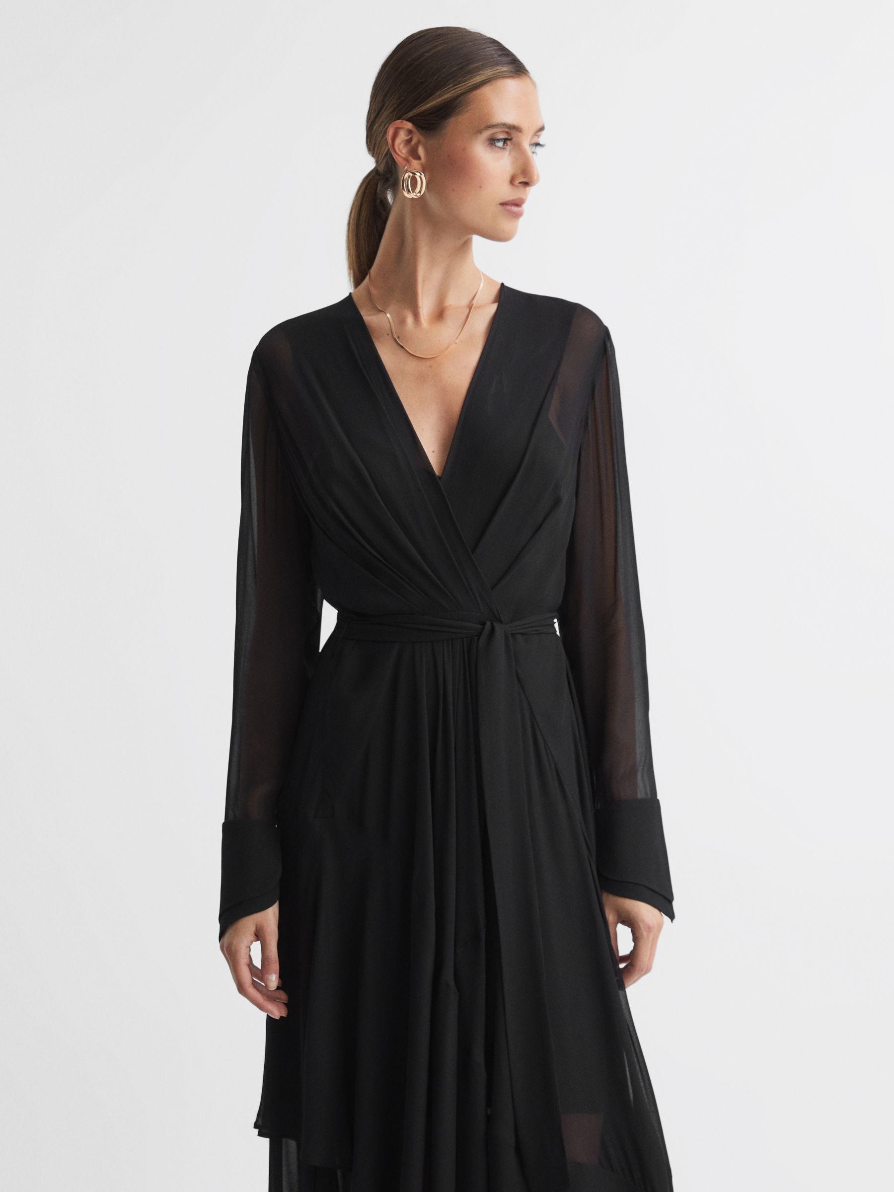 Reiss Callie Belted Ruffle Midi Dress, Black