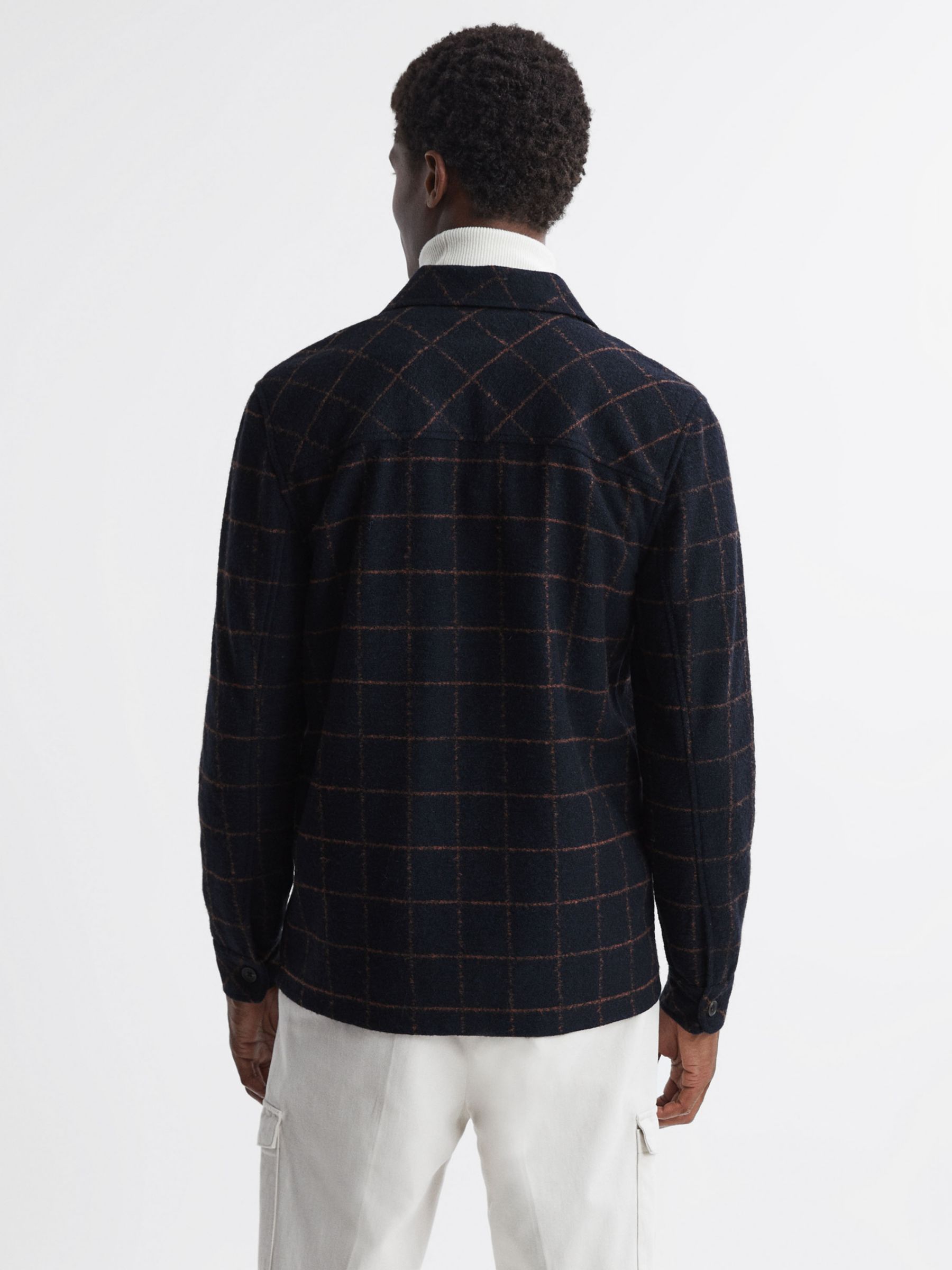 Reiss Pearce Wool Blend Long Sleeve Brushed Check Shirt, Navy at