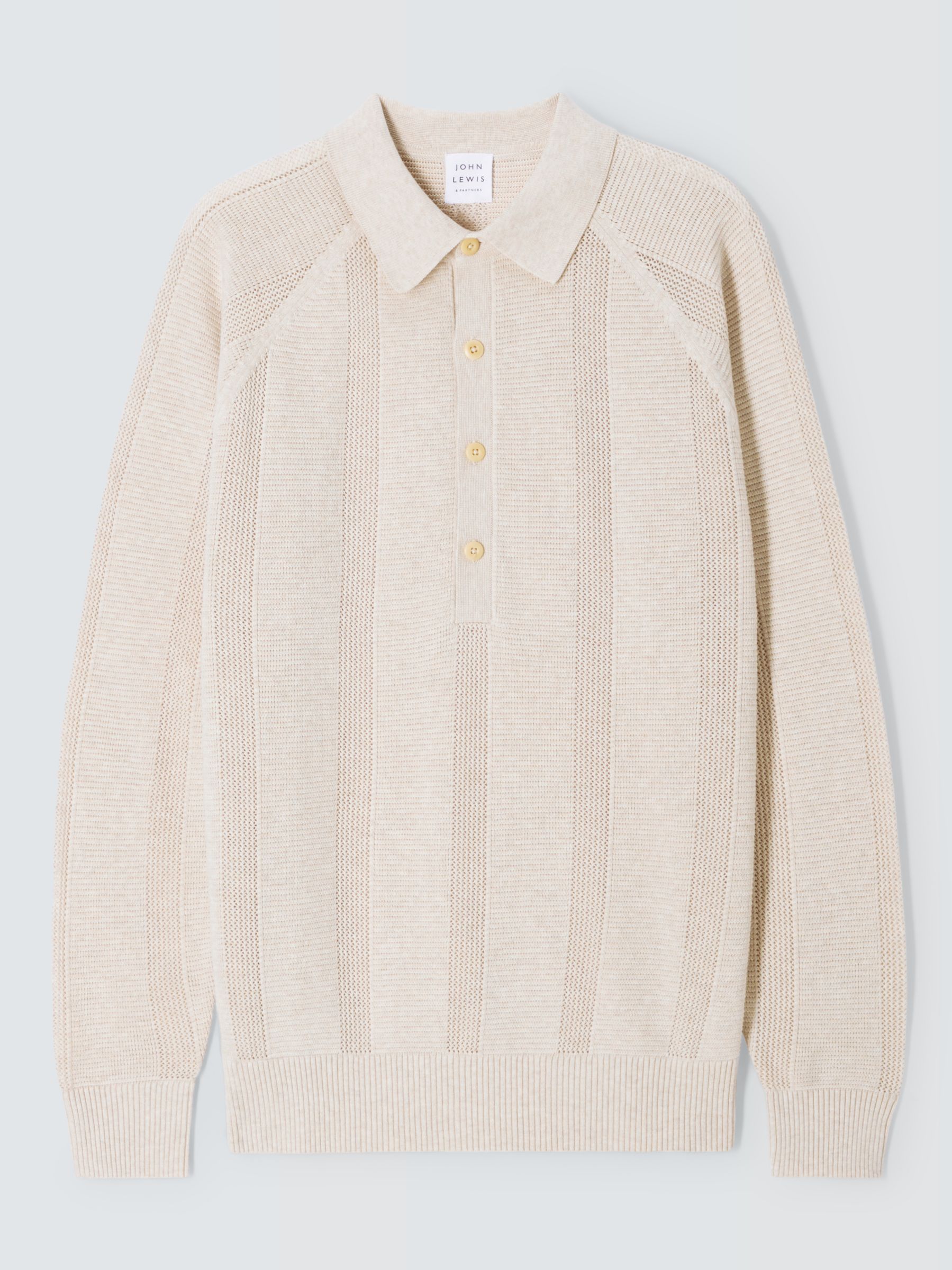 John Lewis Long Sleeve Cotton Textured Knit Polo, Natural, L