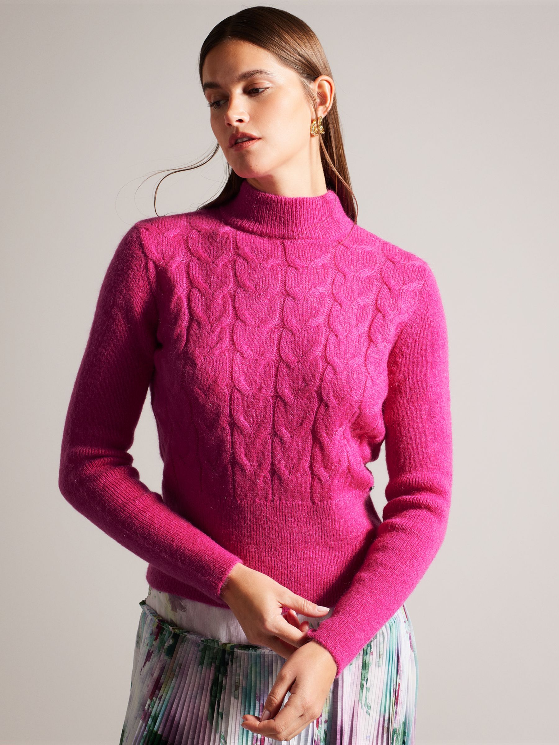 Ted Baker Veolaa Mohair Blend Cable Knit Jumper, Bright Pink, 6