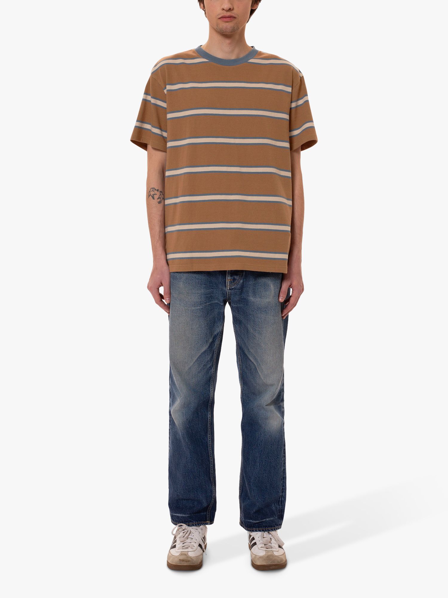 Nudie Jeans Leffe Stripe T-Shirt, Brown/White at John Lewis & Partners