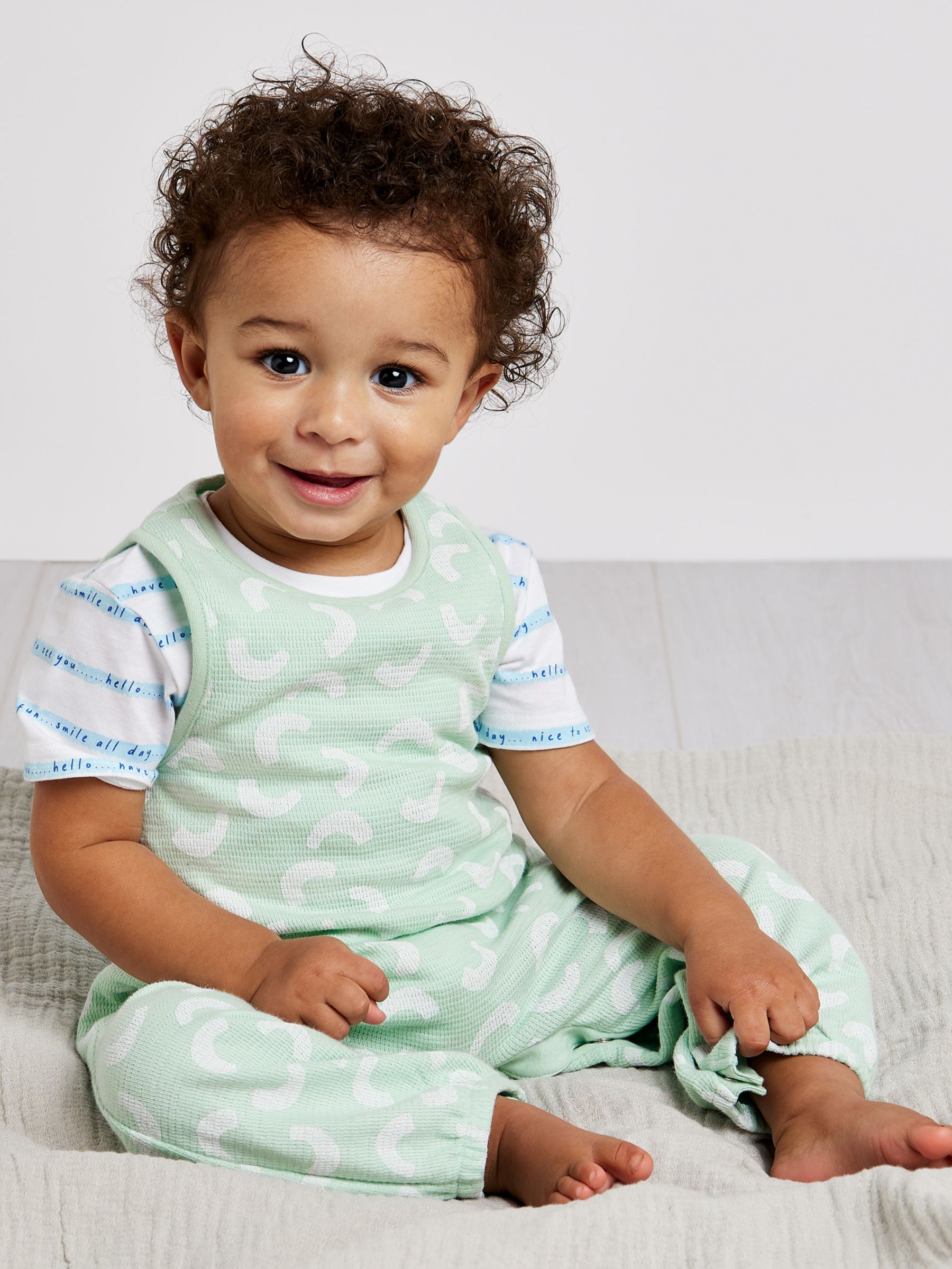 Mini Cuddles Baby Stripe T-Shirt & Textured Jacquard Dungarees Set, Green/Multi, 0-3 months