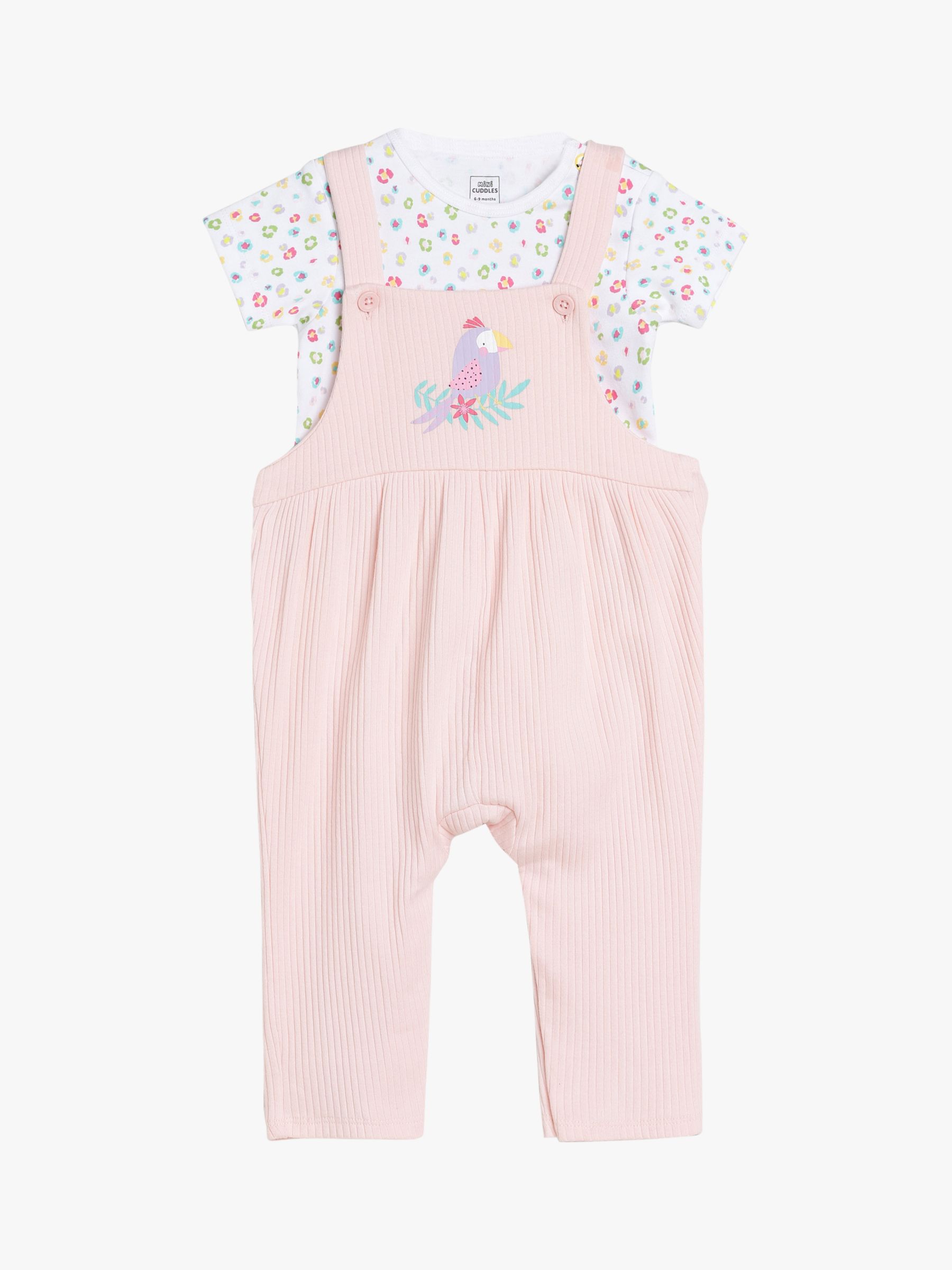 Mini Cuddles Baby Floral Bodysuit & Tropical Bird Graphic Dungarees Set, Pink/Multi, 3-6 months