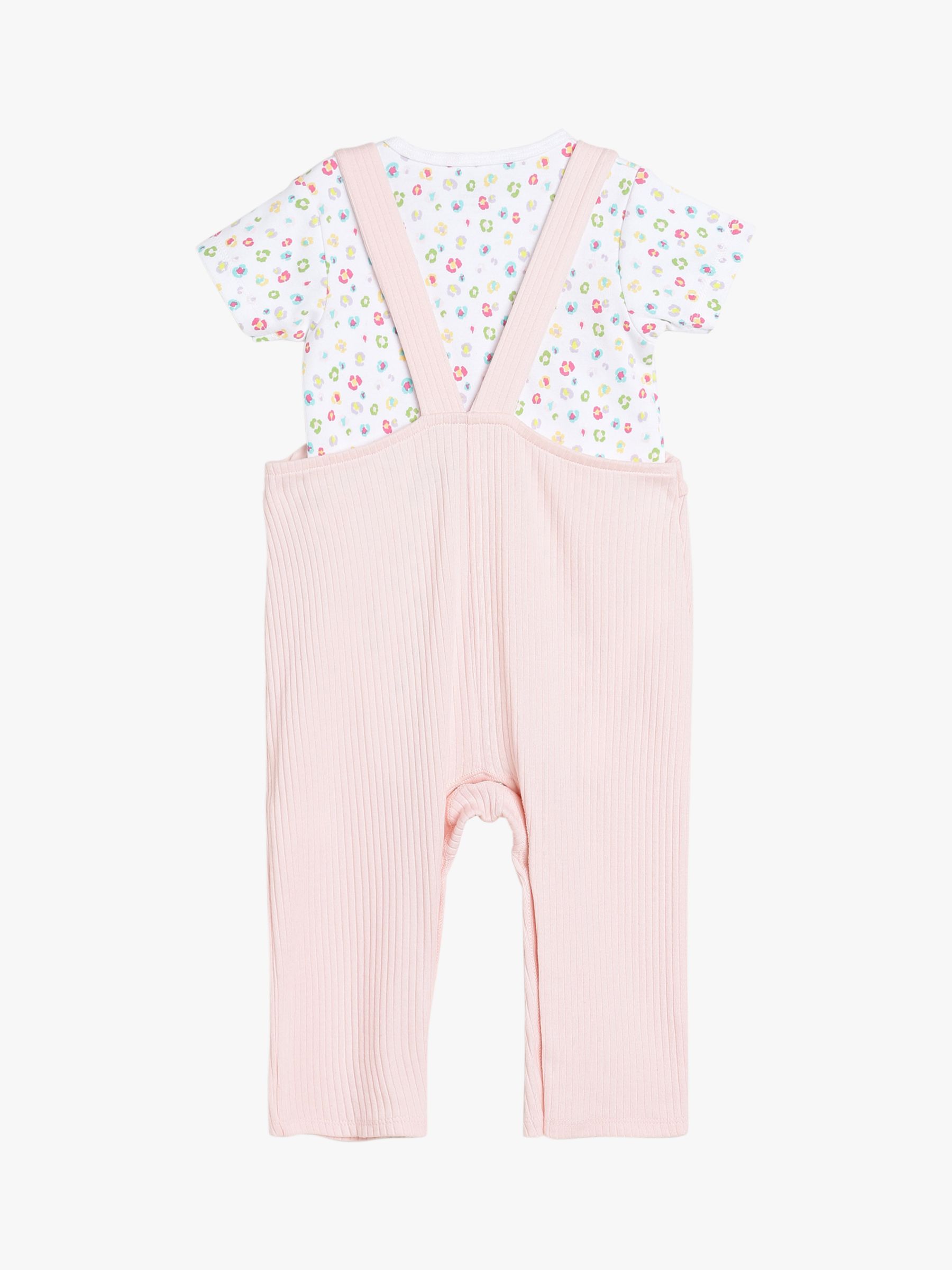 Mini Cuddles Baby Floral Bodysuit & Tropical Bird Graphic Dungarees Set, Pink/Multi, 3-6 months